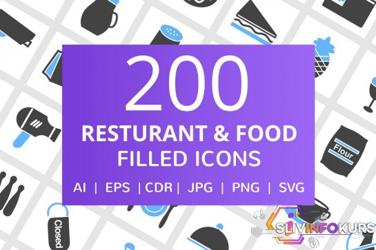 скачать бесплатно [Creativemarket] 166 Restaurant & food filled icons (2018)