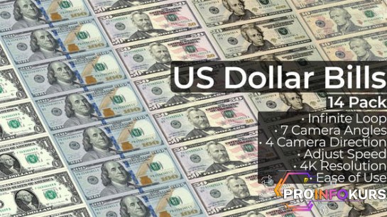 скачать бесплатно [VideoHive] US Dollar Bills - 14 Pack - Шаблон для создания анимированных фонов с долларами (2021)